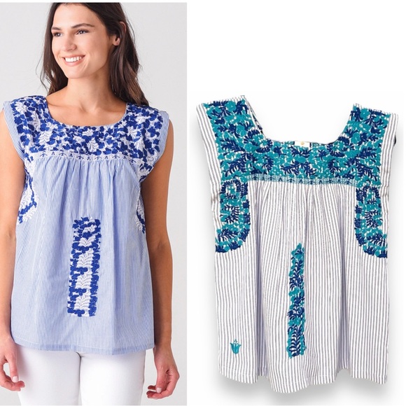 J. MARIE Blue Pinstripe Floral Embroidered Top Sleeveless Size Large - Picture 1 of 7